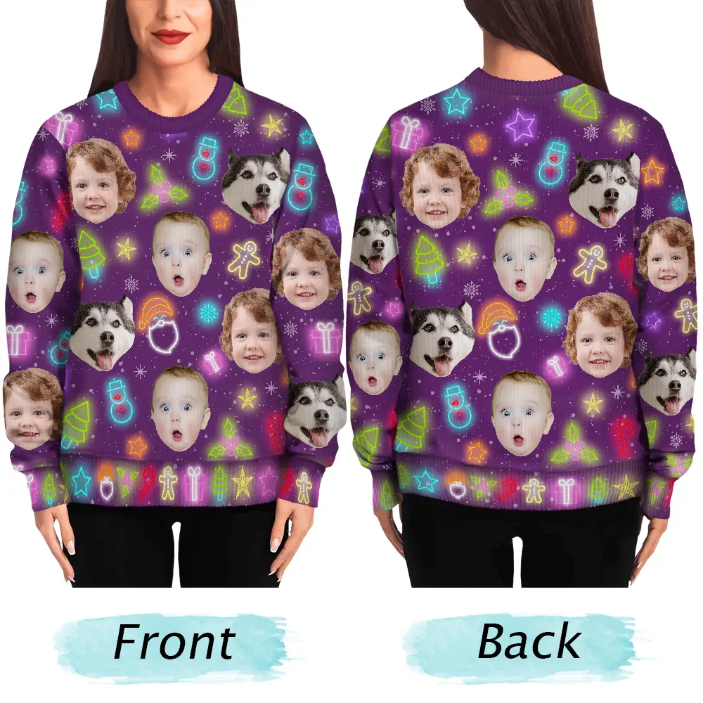Custom Photo Family Face Neon Style Light It Up - Personalized Unisex Ugly Sweater - Image 6