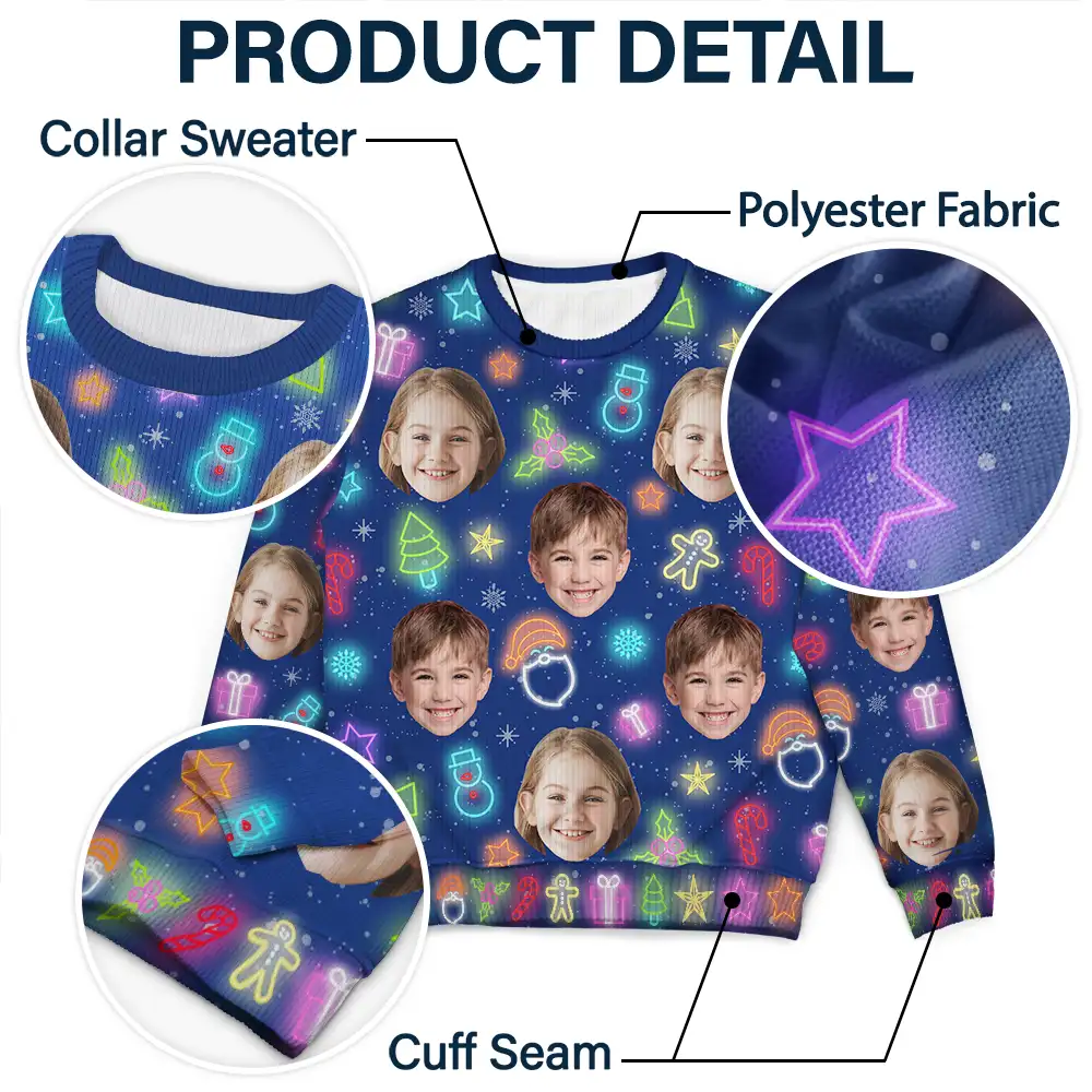 Custom Photo Family Face Neon Style Light It Up - Personalized Unisex Ugly Sweater - Image 7