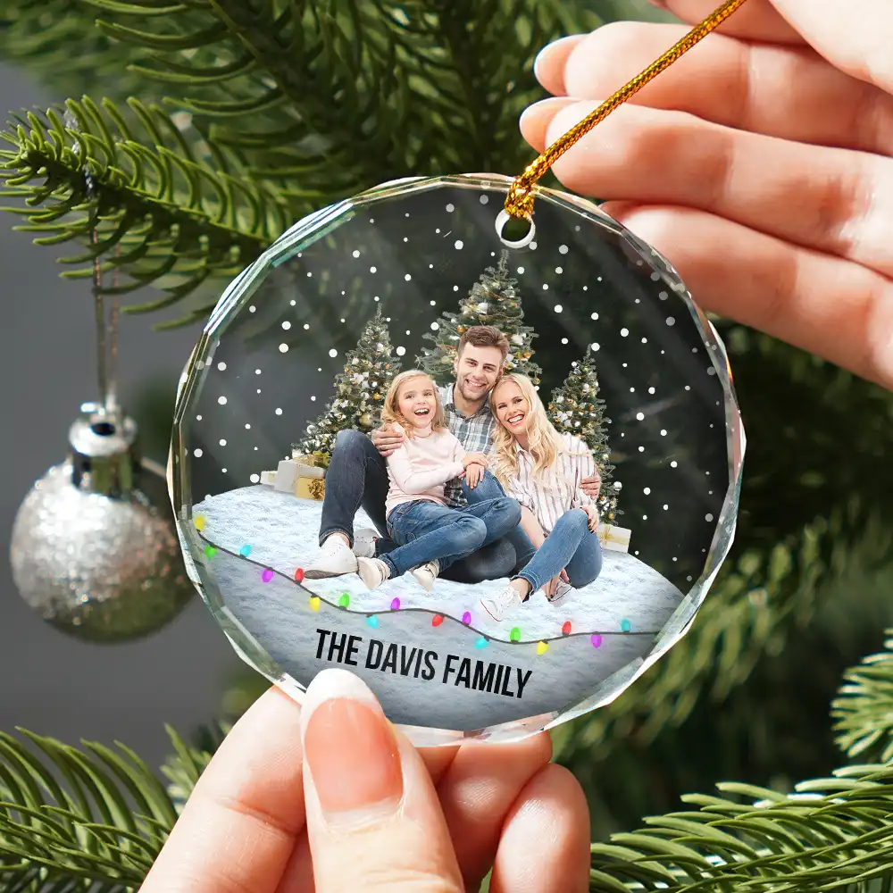 Custom Photo Family Friends Snow - Personalized Circle Glass Ornament - Image 3