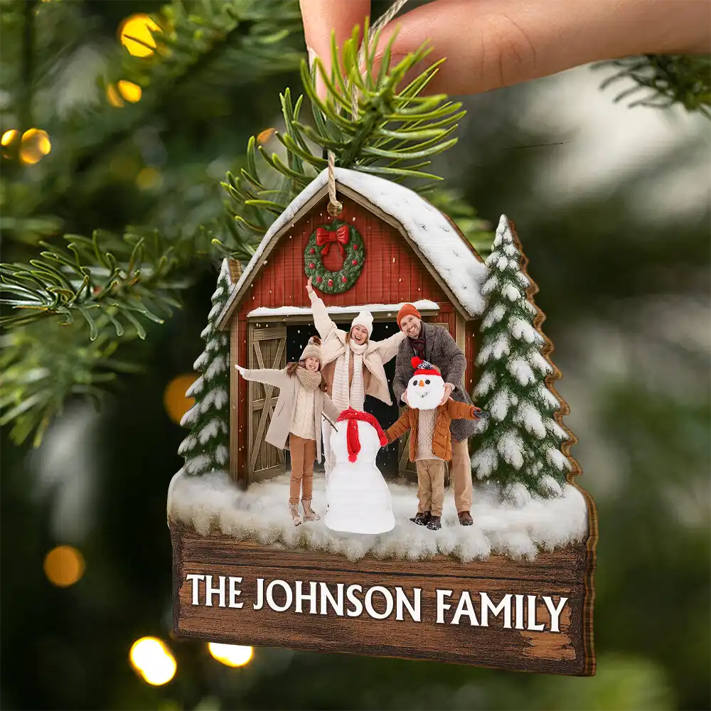 Custom Photo Family Gathering Red Barn - Personalized Custom Shaped Wooden Ornament - Image 3