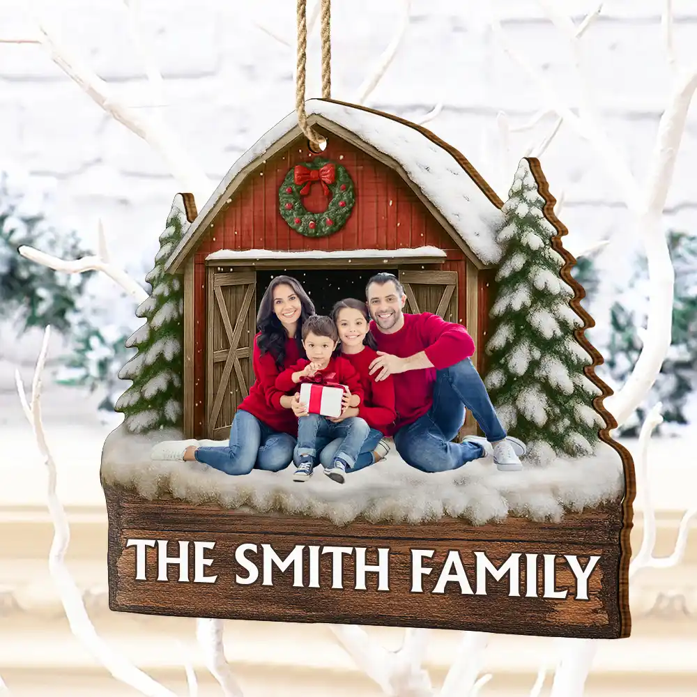 Custom Photo Family Gathering Red Barn - Personalized Custom Shaped Wooden Ornament - Image 5