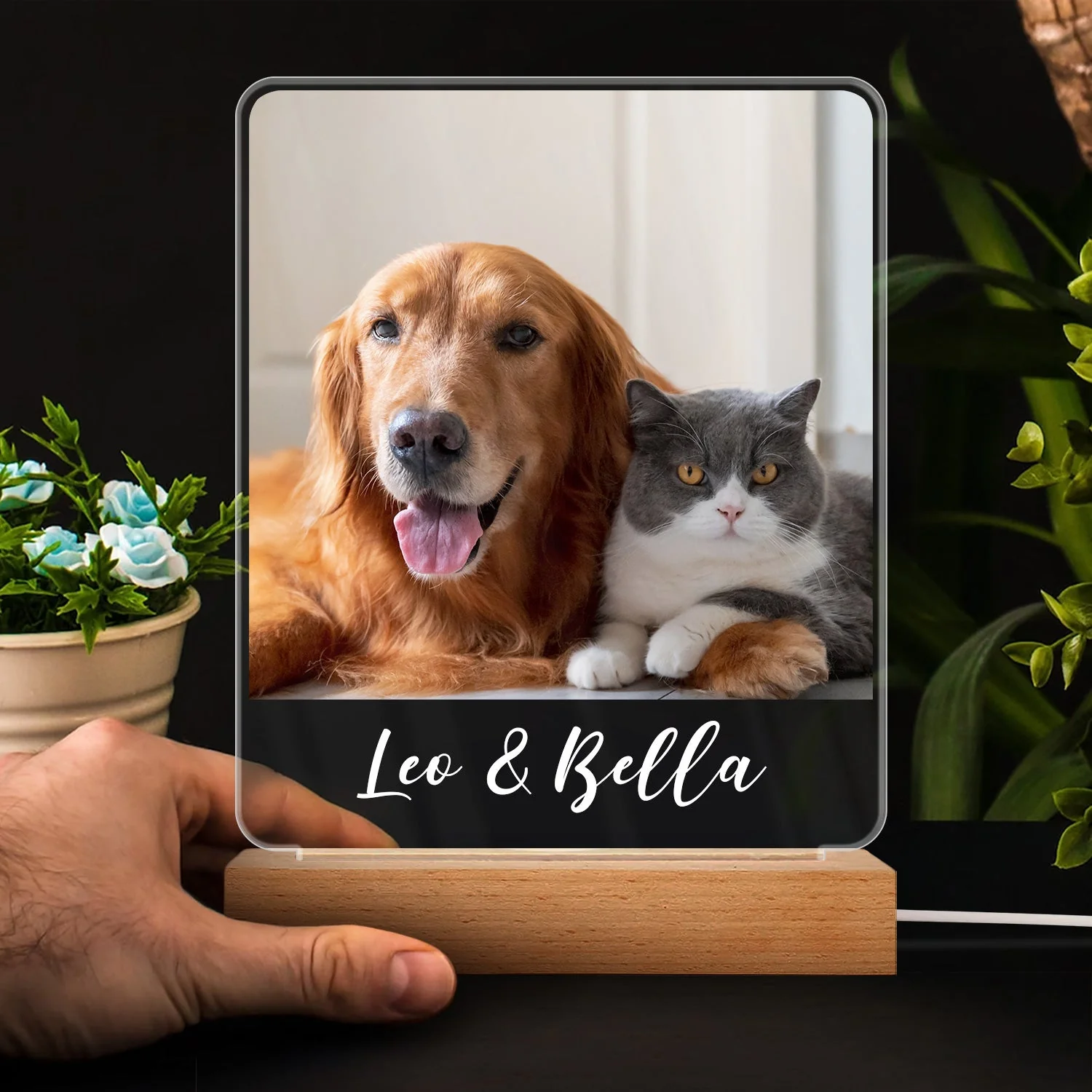 Custom Photo Family - Gift For Couples, Besties, Sibling, Dog Lovers, Cat Lovers - Personalized 3D Led Light Wooden Base - Image 4