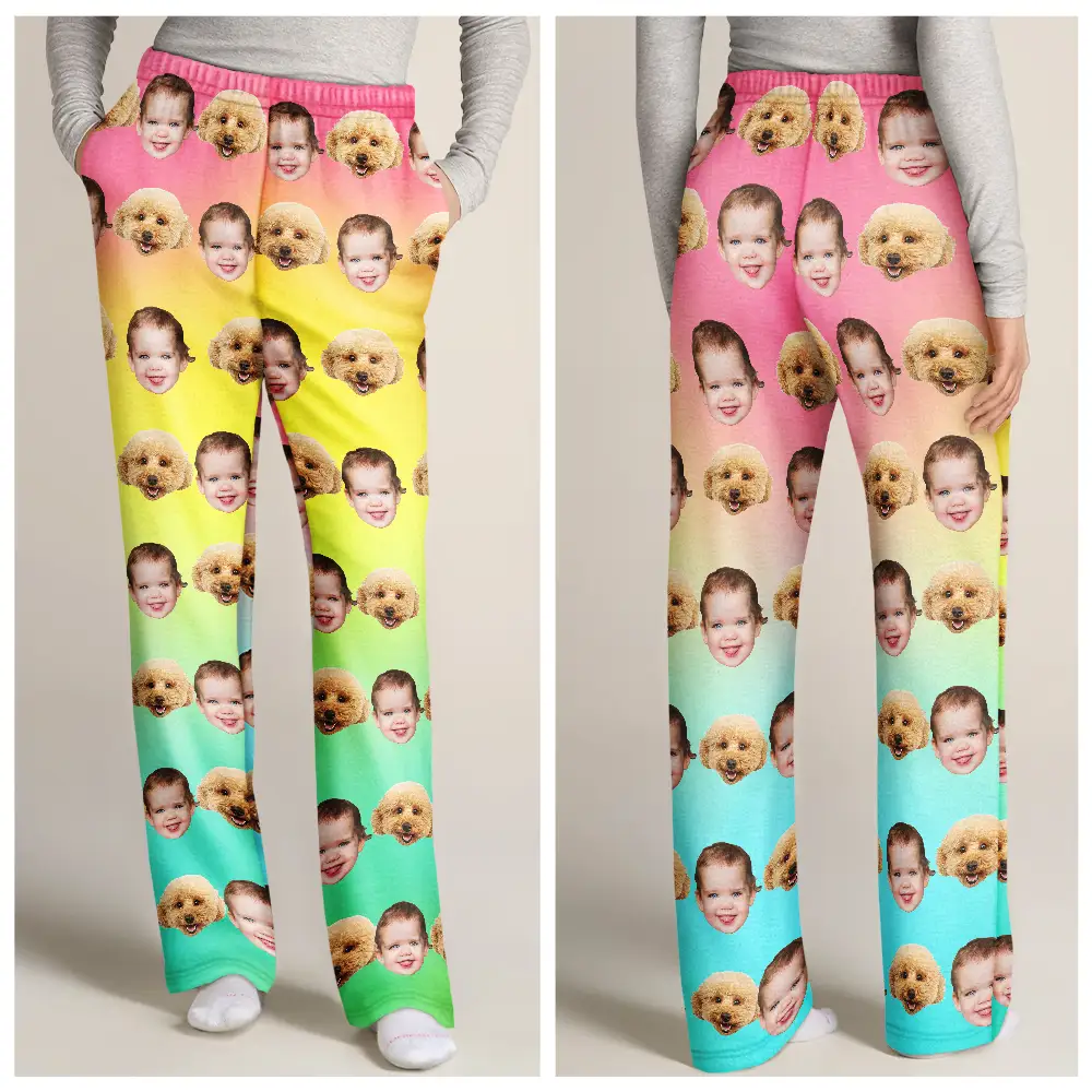 Custom Photo Family Kid Pet Funny Face Custom Bright Festive Color - Personalized Pajama Pants - Image 4