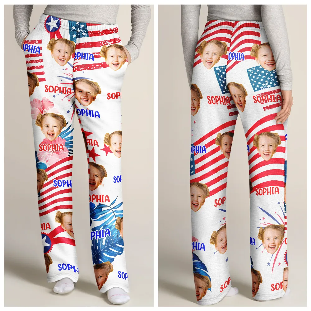 Custom Photo Family Mom Dad Pet Face America Stars And Stripes - Personalized Pajama Pants - Image 4