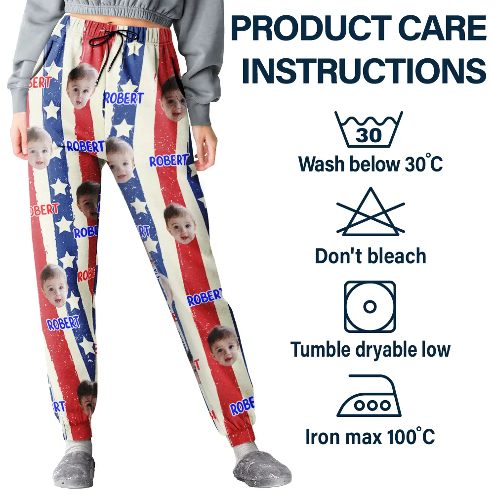 Custom Photo Family Mom Dad Pet Face America Stars And Stripes - Personalized Pajama Pants - Image 6
