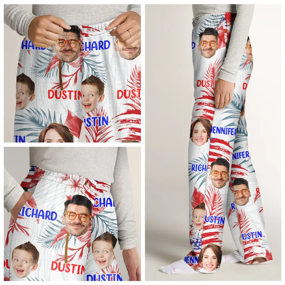 Custom Photo Family Mom Dad Pet Face America Stars And Stripes - Personalized Pajama Pants - Image 8