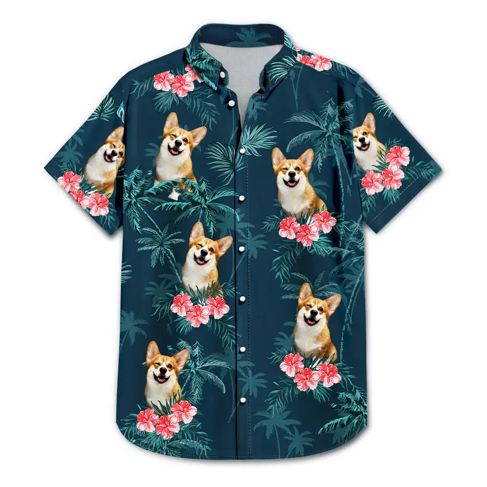 Custom Photo Family Pet Face Palm Tree Pattern - Personalized Hawaiian Shirt - Image 4