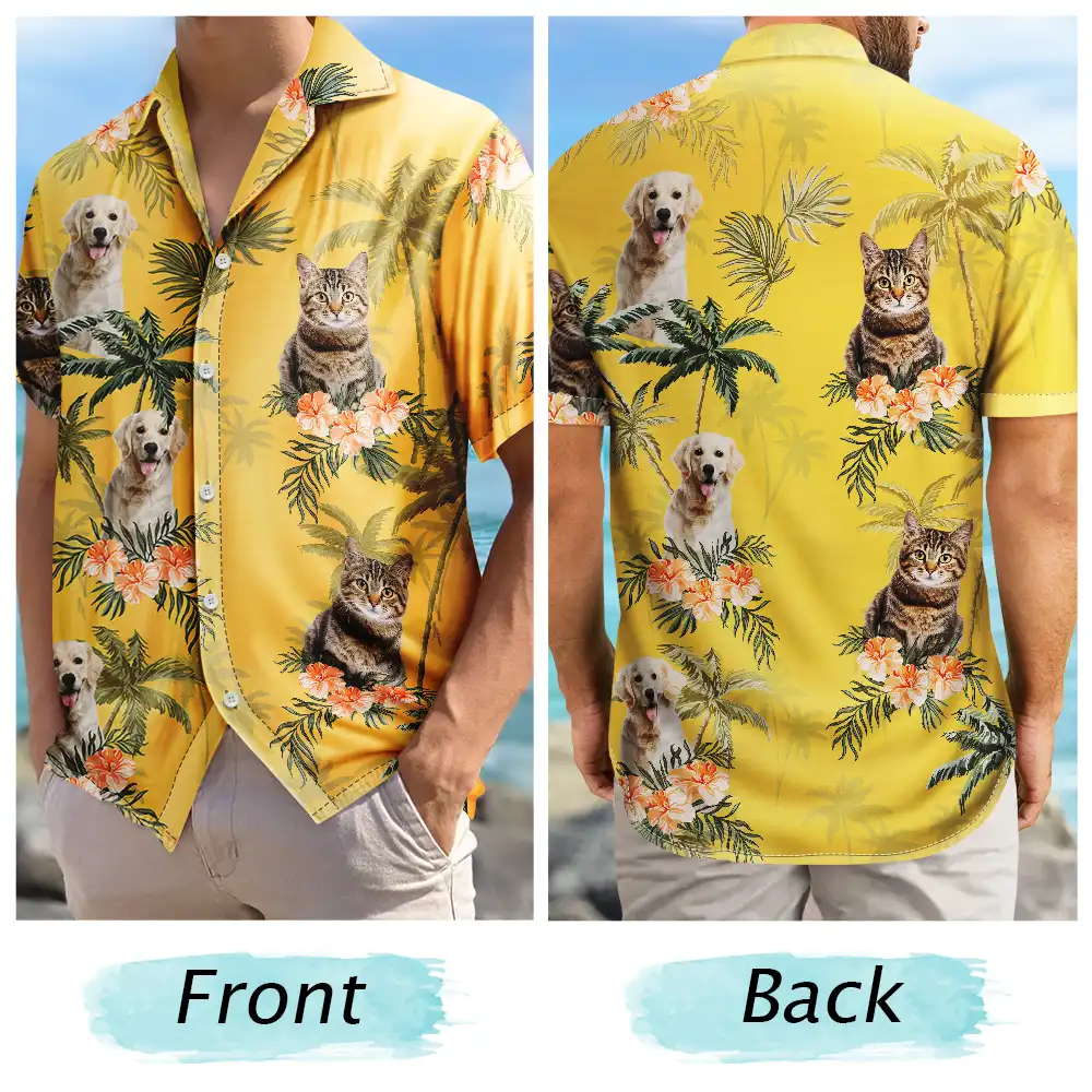 Custom Photo Family Pet Face Palm Tree Pattern - Personalized Hawaiian Shirt - Image 6