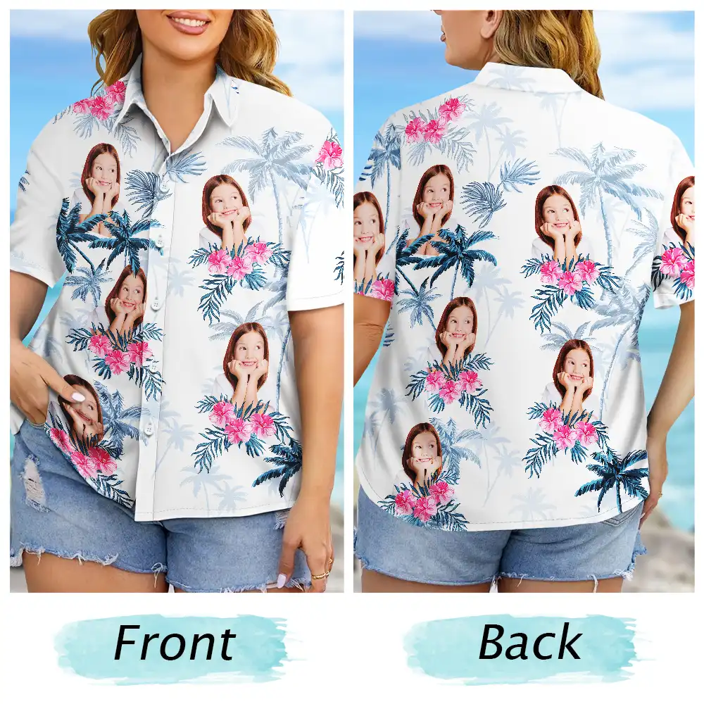 Custom Photo Family Pet Face Palm Tree Pattern - Personalized Hawaiian Shirt - Image 7