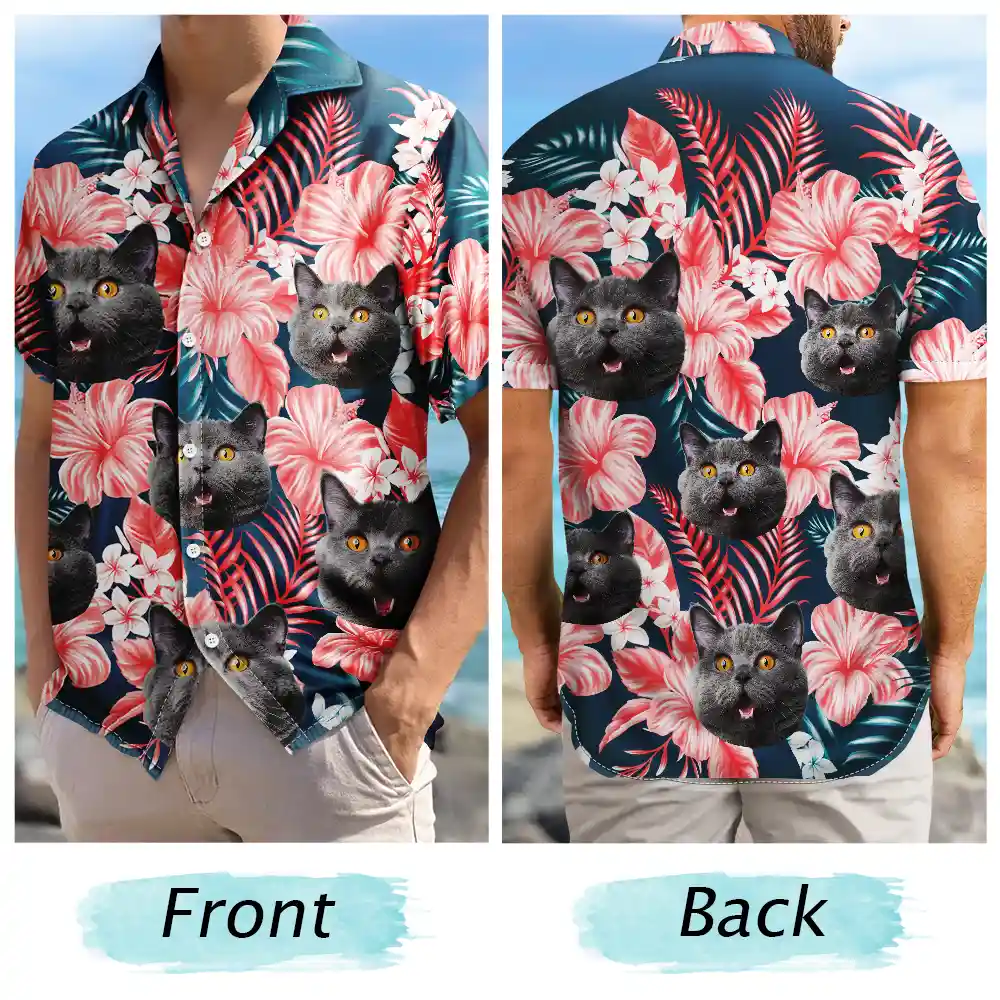 Custom Photo Family Pet Face Tropical Background - Personalized Hawaiian Shirt - Image 6