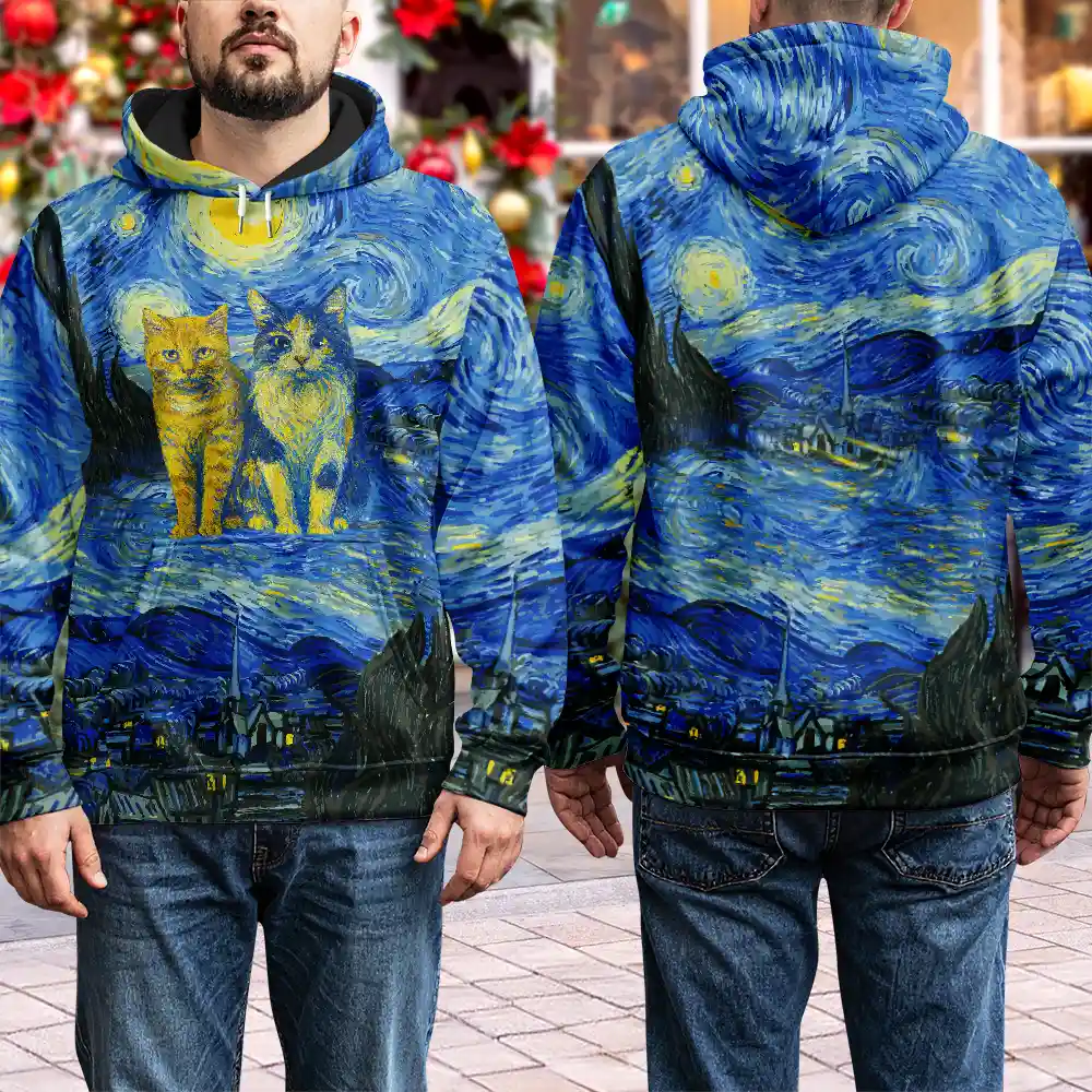 Custom Photo Family Pet Portrait Art Style Starry Night Painting Effect - Personalized Pullover Hoodie - Image 5