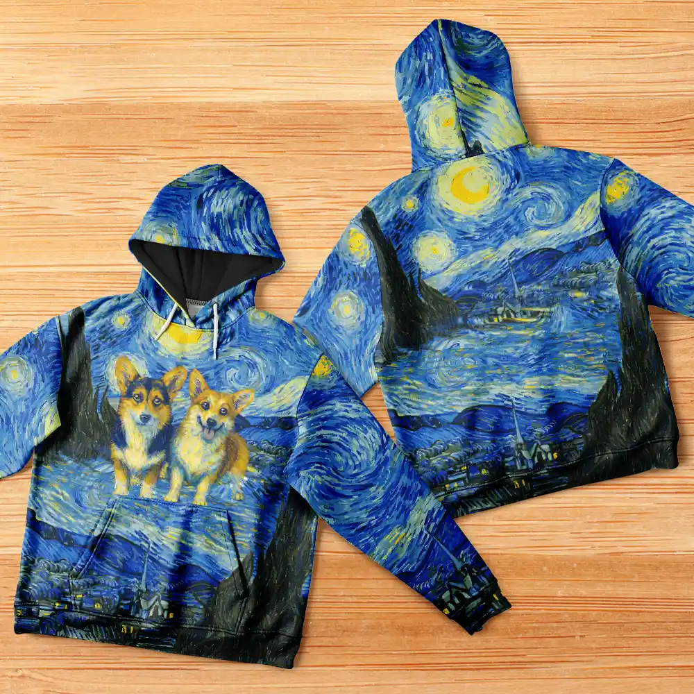 Custom Photo Family Pet Portrait Art Style Starry Night Painting Effect - Personalized Pullover Hoodie - Image 6