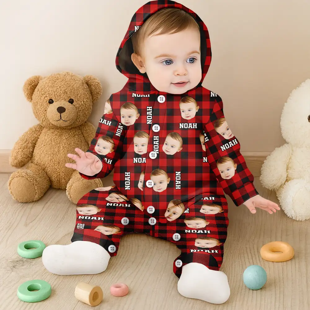 Custom Photo Family Plaid Pattern - Personalized Overall Onesie Hooded Jumpsuit - Image 7