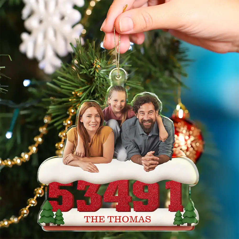 Custom Photo Family Sitting On Snow Zip Code - Personalized Custom Shaped Acrylic Ornament - Image 4