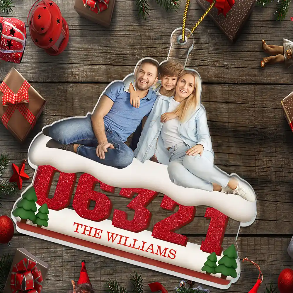 Custom Photo Family Sitting On Snow Zip Code - Personalized Custom Shaped Acrylic Ornament - Image 5