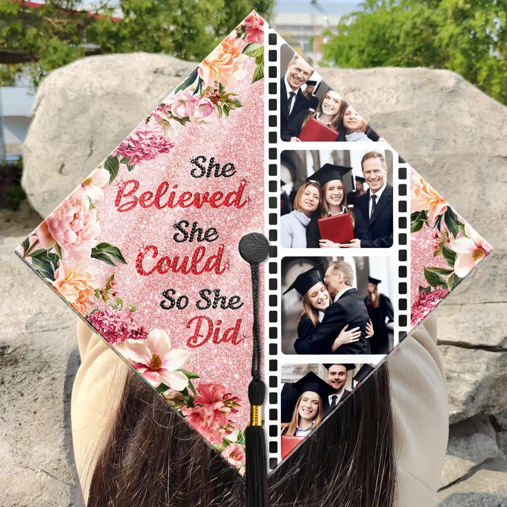 Custom Photo Faux Rhinestone She Believed She Could - Personalized Graduation Cap Topper - Image 3