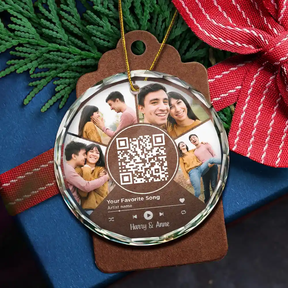 Custom Photo Favorite Song QR Code - Personalized Circle Glass Ornament - Image 6