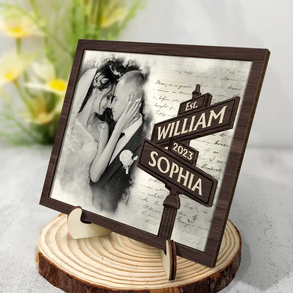 Custom Photo First Anniversary Gift For Couples Family - Personalized 2-Layered Wooden Plaque With Stand - Image 2