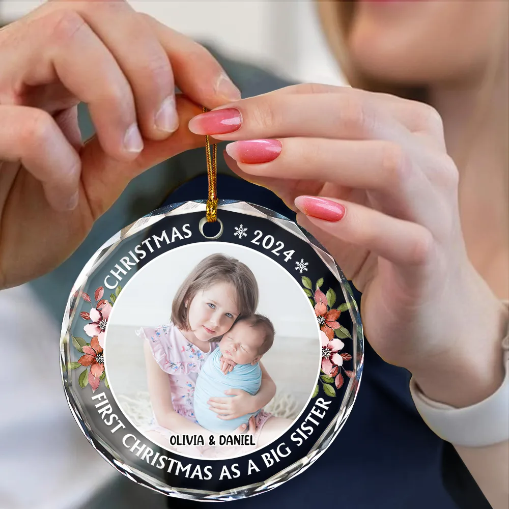 Custom Photo First Christmas As A Big Sister - Personalized Circle Glass Ornament - Image 4