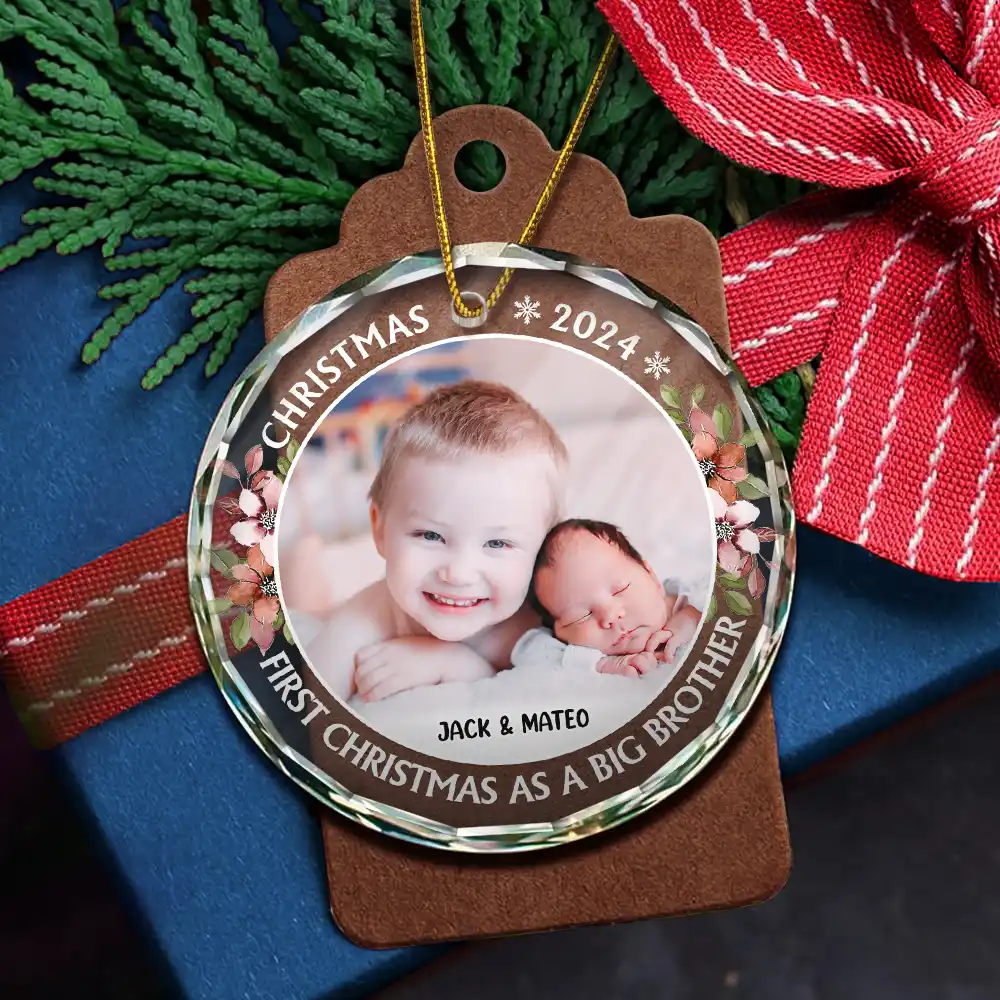 Custom Photo First Christmas As A Big Sister - Personalized Circle Glass Ornament - Image 5