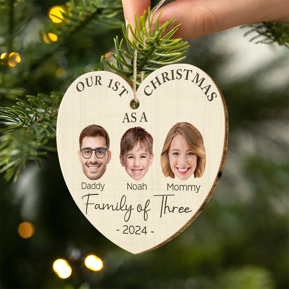 Custom Photo First Christmas As A Family Of Four - Personalized Custom Shaped Wooden Ornament - Image 3