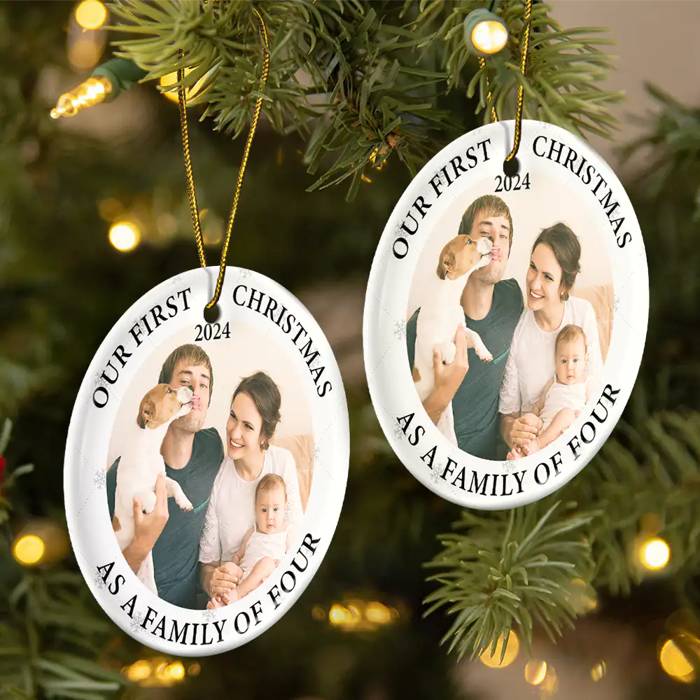 Custom Photo First Christmas As A Family Of Three New Parents - Personalized Circle Ceramic Ornament - Image 2