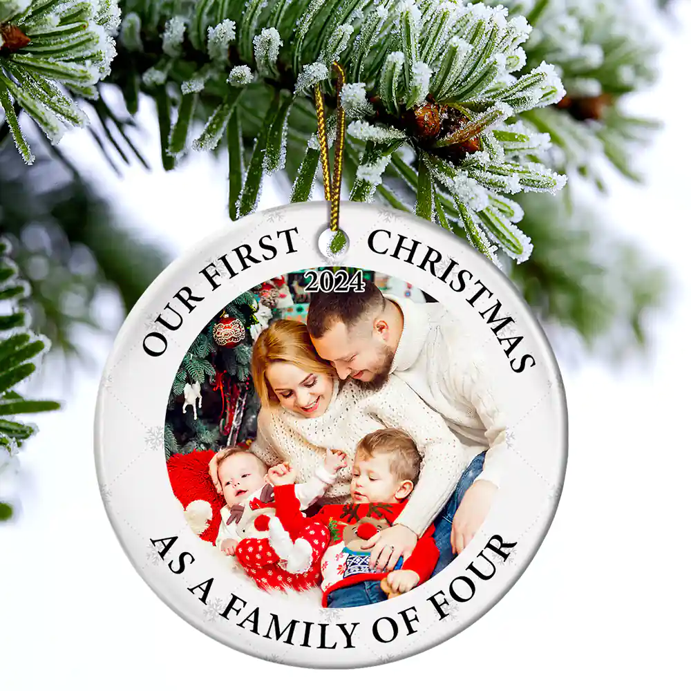 Custom Photo First Christmas As A Family Of Three New Parents - Personalized Circle Ceramic Ornament - Image 4