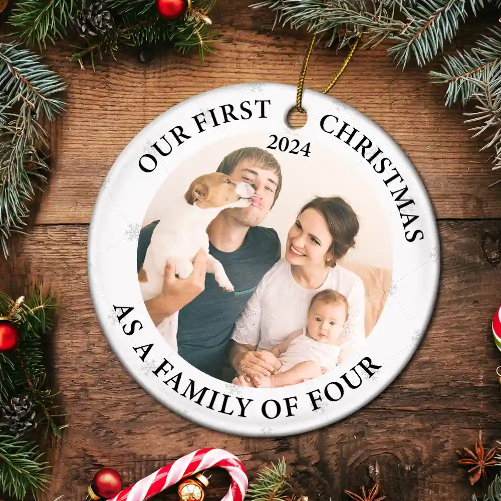 Custom Photo First Christmas As A Family Of Three New Parents - Personalized Circle Ceramic Ornament - Image 5