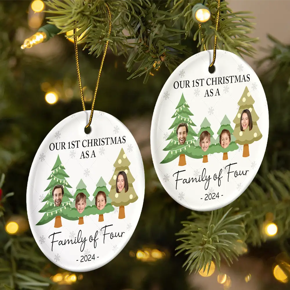 Custom Photo First Christmas As A Family Of Three - Personalized Circle Ceramic Ornament - Image 3