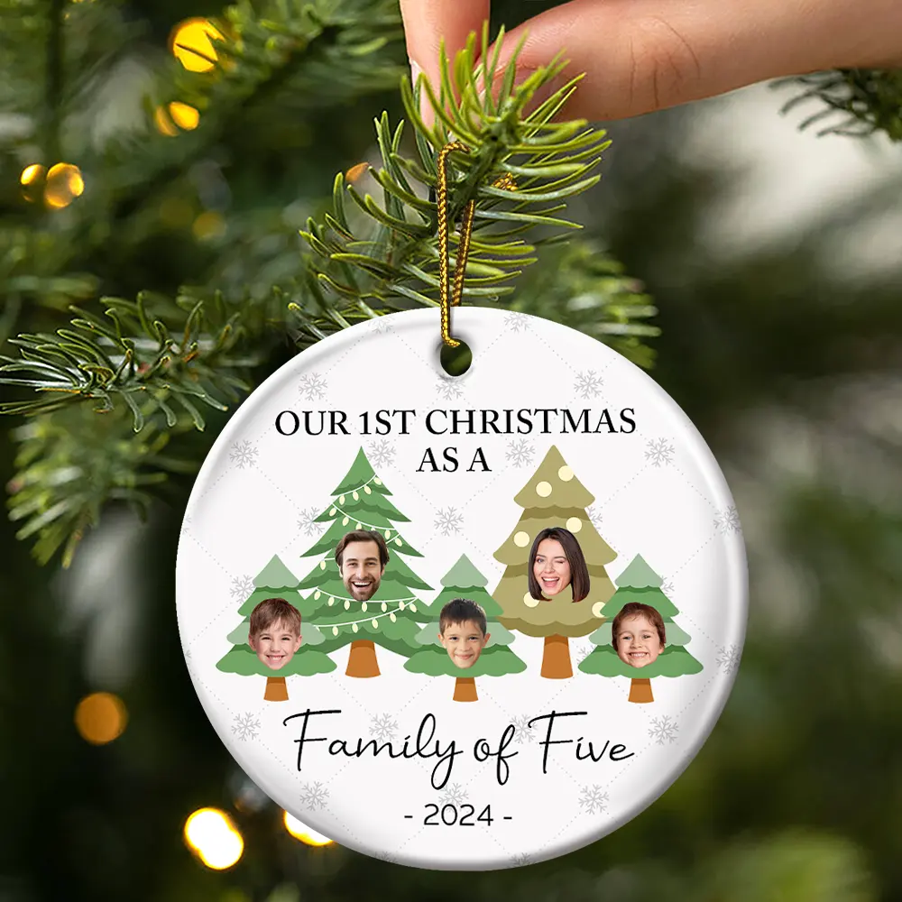 Custom Photo First Christmas As A Family Of Three - Personalized Circle Ceramic Ornament - Image 4