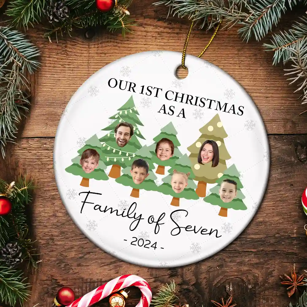 Custom Photo First Christmas As A Family Of Three - Personalized Circle Ceramic Ornament - Image 6