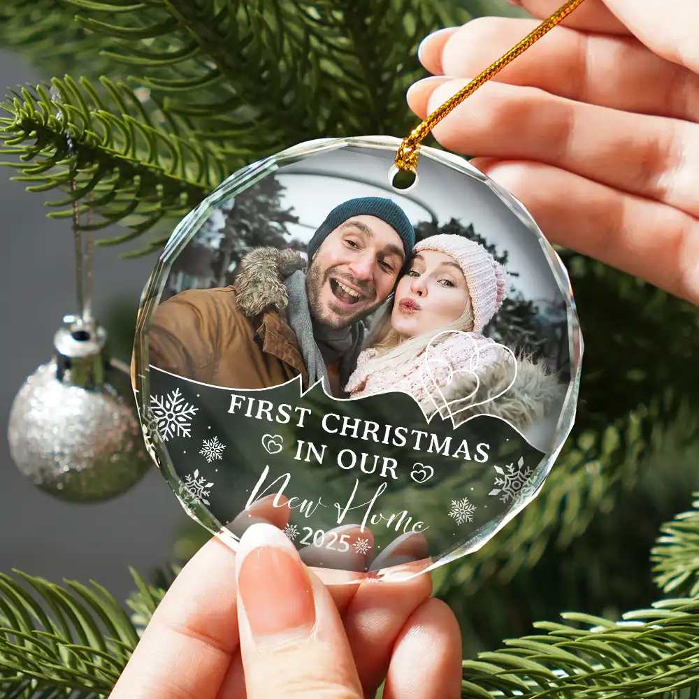 Custom Photo First Christmas As Husband And Wife - Personalized Circle Glass Ornament - Image 2