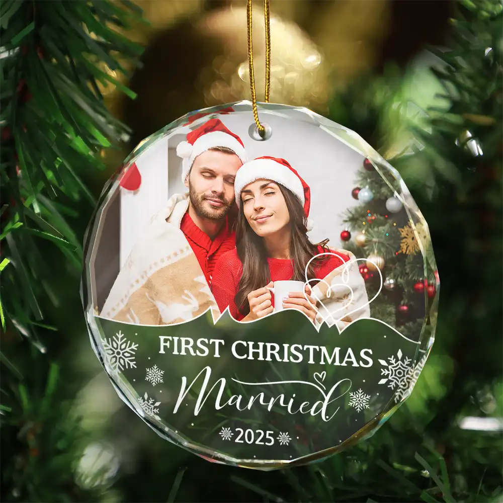 Custom Photo First Christmas As Husband And Wife - Personalized Circle Glass Ornament - Image 3