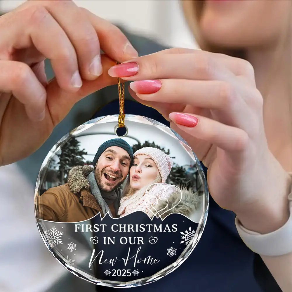 Custom Photo First Christmas As Husband And Wife - Personalized Circle Glass Ornament - Image 4