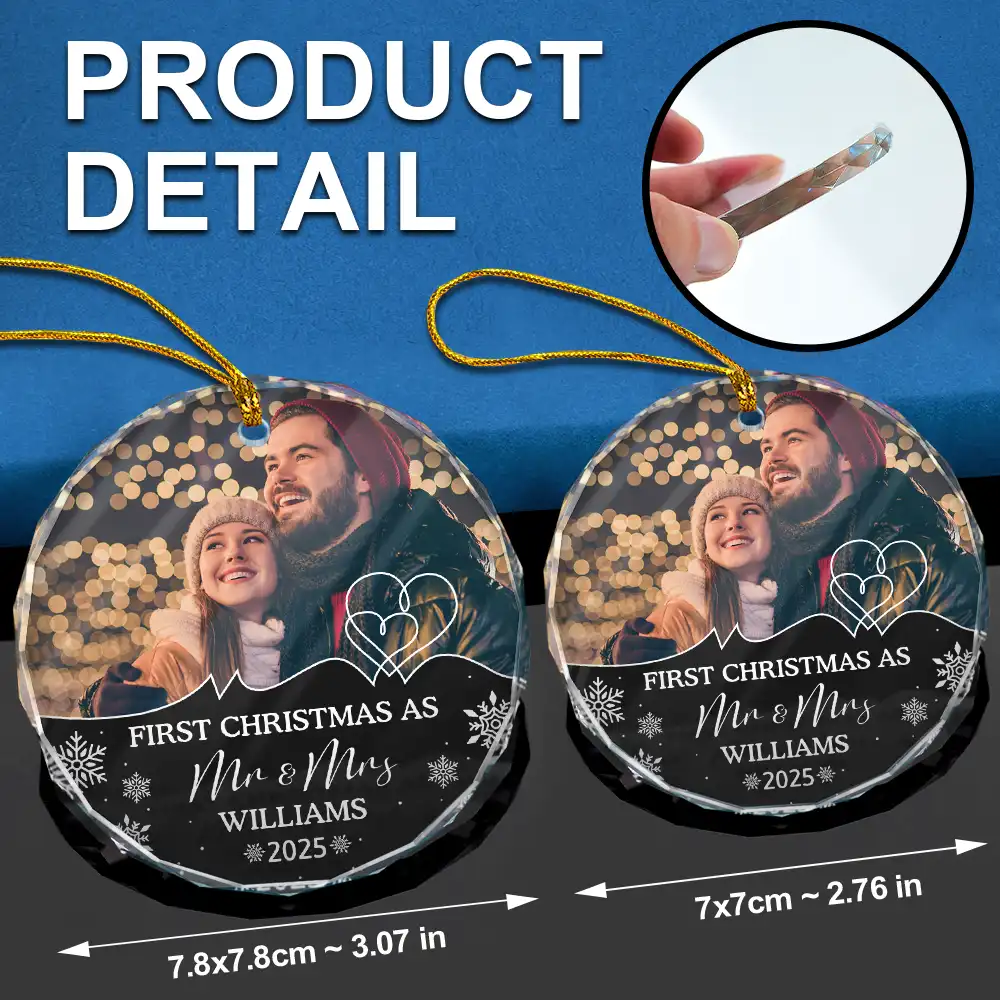 Custom Photo First Christmas As Husband And Wife - Personalized Circle Glass Ornament - Image 6