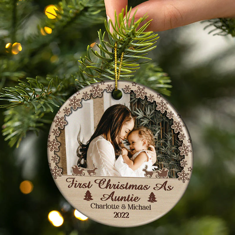 Custom Photo First Christmas As Mom Dad Grandparents - Christmas Gift For Family - Personalized Custom Circle Ceramic Ornament - Image 2