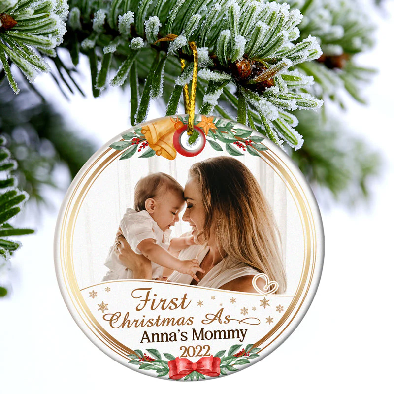 Custom Photo First Christmas As Mr & Mrs - Christmas Gift For Couple And Family - Personalized Custom Circle Ceramic Ornament - Image 3