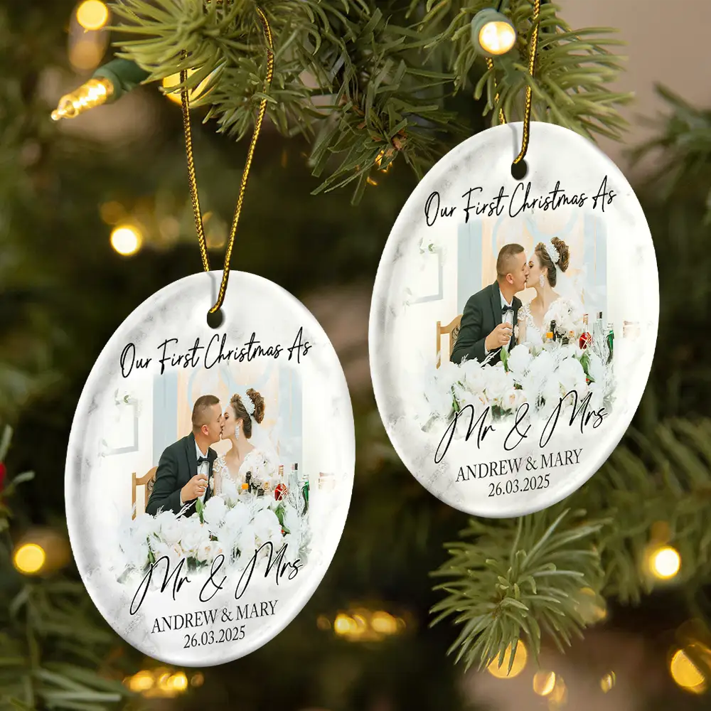 Custom Photo First Christmas As Mr & Mrs Couples - Personalized Circle Ceramic Ornament - Image 2