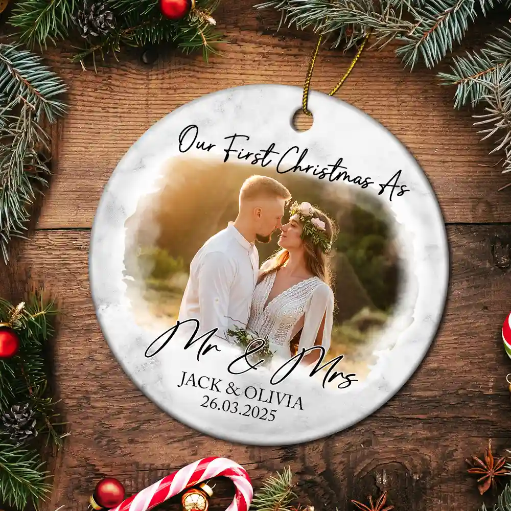 Custom Photo First Christmas As Mr & Mrs Couples - Personalized Circle Ceramic Ornament - Image 5