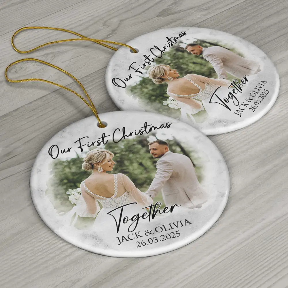 Custom Photo First Christmas As Mr & Mrs Couples - Personalized Circle Ceramic Ornament - Image 6