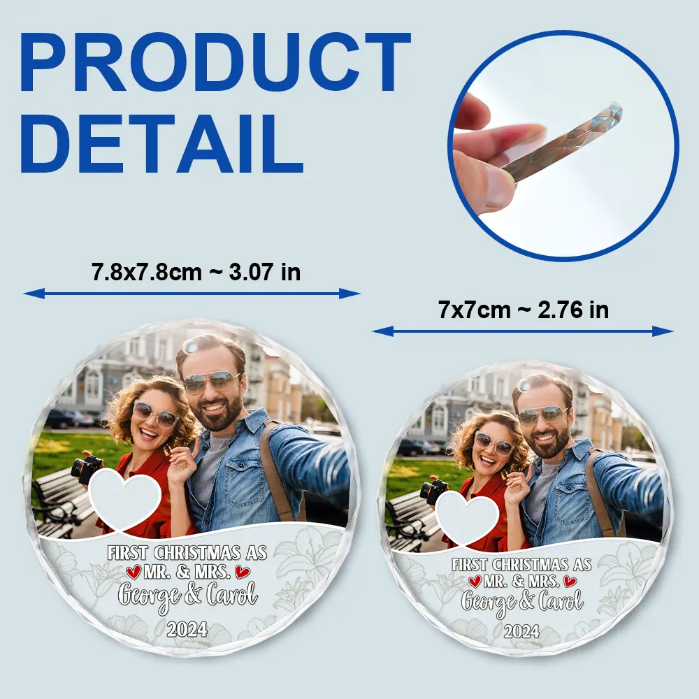 Custom Photo First Christmas As Mr & Mrs Couples - Personalized Circle Glass Ornament - Image 6