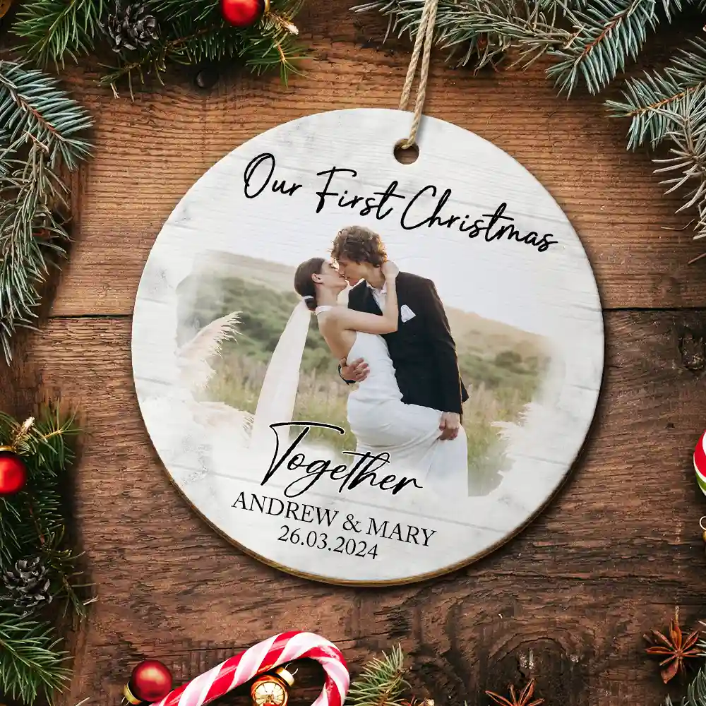 Custom Photo First Christmas As Mr & Mrs Couples - Personalized Custom Shaped Wooden Ornament - Image 5