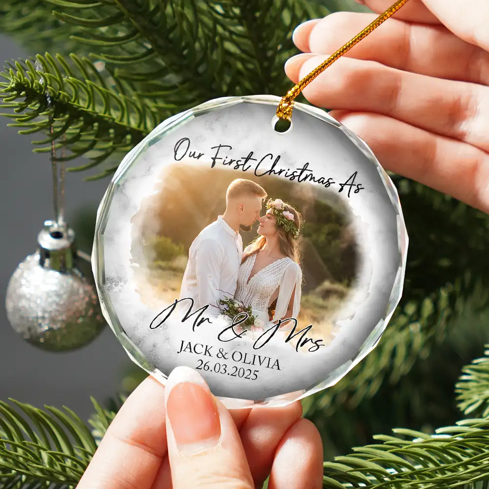 Custom Photo First Christmas As Mr & Mrs Couples - Personalized Glass Ornament - Image 2