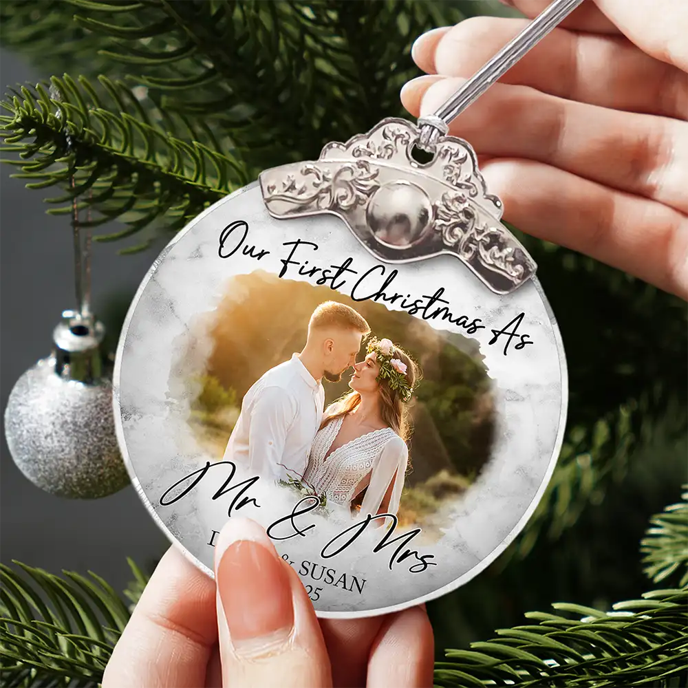 Custom Photo First Christmas As Mr & Mrs Couples - Personalized Glass Ornament With Silver Cap - Image 3