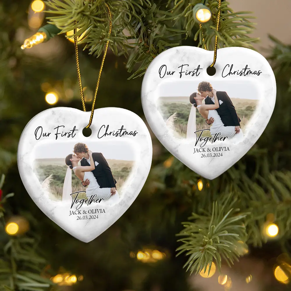 Custom Photo First Christmas As Mr & Mrs Couples - Personalized Heart Ceramic Ornament - Image 2