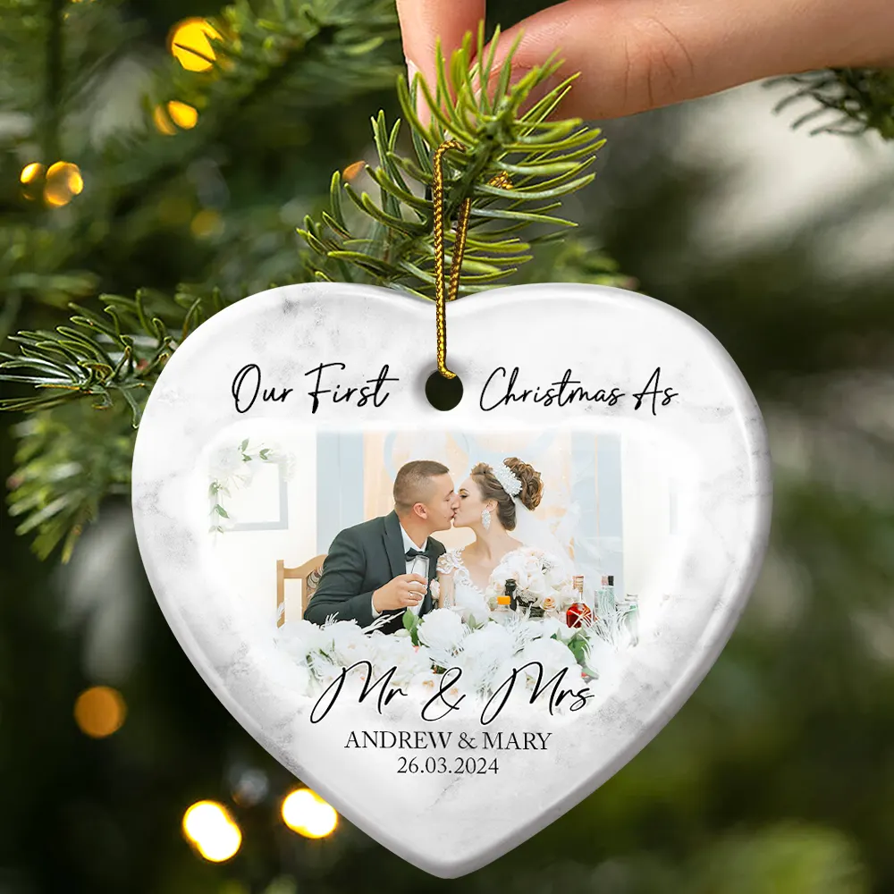 Custom Photo First Christmas As Mr & Mrs Couples - Personalized Heart Ceramic Ornament - Image 3