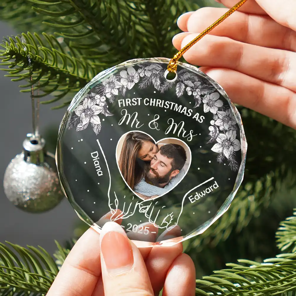 Custom Photo First Christmas As Mr & Mrs - Personalized Circle Glass Ornament - Image 2