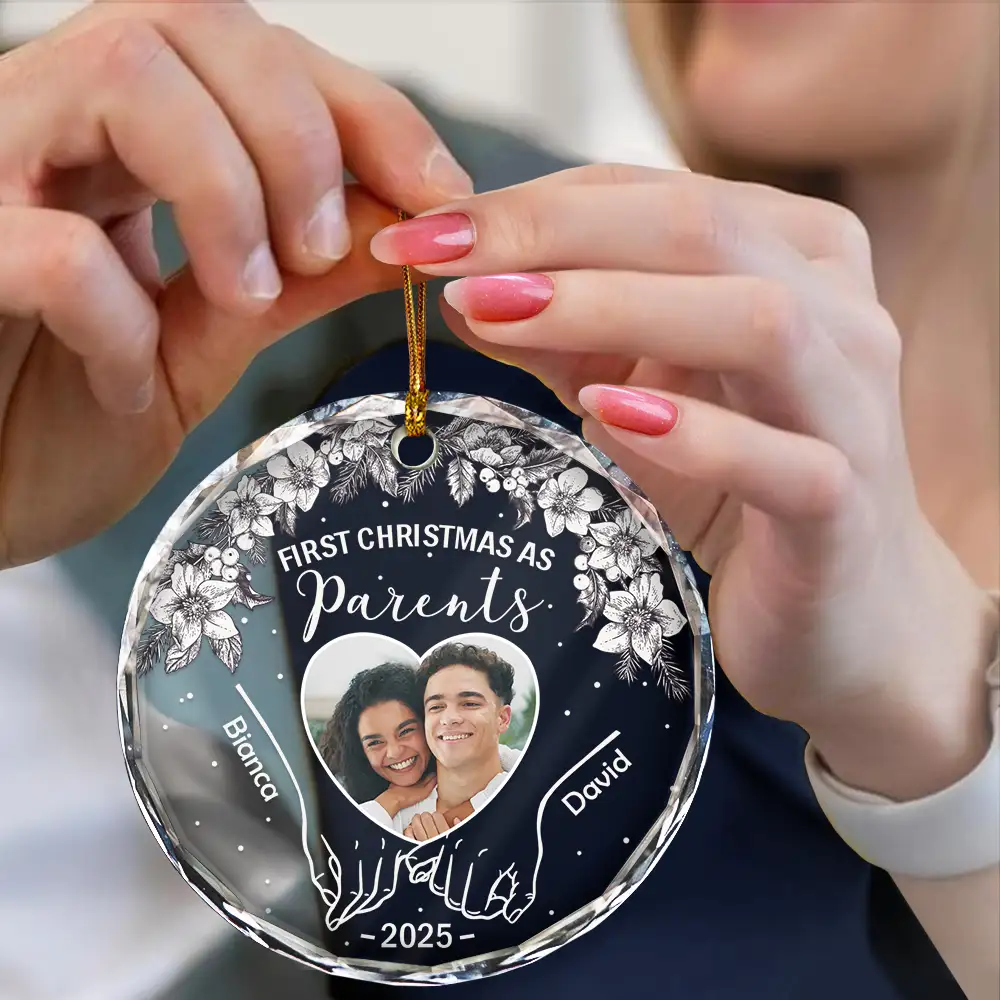 Custom Photo First Christmas As Mr & Mrs - Personalized Circle Glass Ornament - Image 4