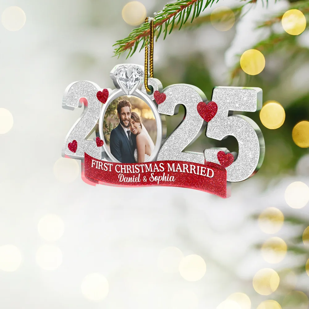 Custom Photo First Christmas As Mr. & Mrs. - Personalized Custom Shaped Acrylic Ornament - Image 2