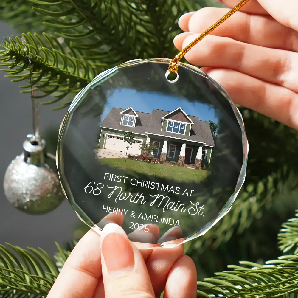 Custom Photo First Christmas At New Home Couple Family - Personalized Circle Glass Ornament - Image 2